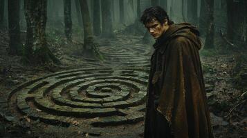person in flowing red cloak stands labyrinth's crossroads amid ancient moss covered stone walls in misty forest. They appear lost weighing their choices in magical setting photo
