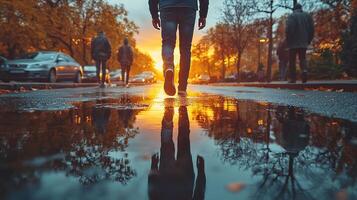 man strolls down rainy street skillfully sidestepping puddles while others struggle wet shoes. warm glow of sunset reflects off wet pavement creating surreal ambiance photo