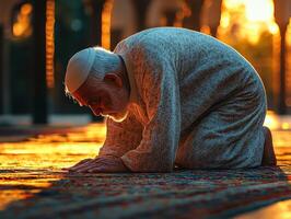 elderly Muslim man kneels in Sujood his forehead touching richly patterned prayer rug enveloped in soft golden light signifies moment of deep spiritual connection during Eid al Fitr photo