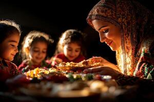 Muslim mother warmly places beautifully arranged platter of Eid desserts on breakfast table eliciting joy and excitement from her delighted children photo