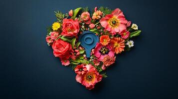 beautiful arrangement of fresh flowers creates geolocation pin symbolizing joy and unity of Eid al Fitr celebrations. Colorful blooms reflect festive traditions and family gatherings photo