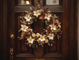 beautifully crafted wreath adorned jasmine flowers golden beads and fairy lights is elegantly displayed on rich wooden door celebrating Eid al Fitr's spirit and traditions photo