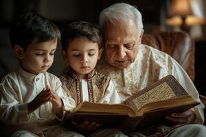 In tranquil home prayer space elderly man and young boy share moment of devotion together reading from open Quran situated on wooden stand photo