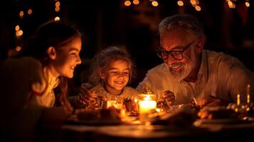 Family members are joyfully exchanging beautifully wrapped gifts around dining table illuminated golden candlelight during Eid al Fitr celebration photo