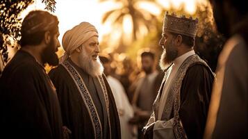 group of men dressed in flowing bishts over their thobes engages in conversation during celebration of Eid al Fitr surrounded warm sunset glow in courtyard photo