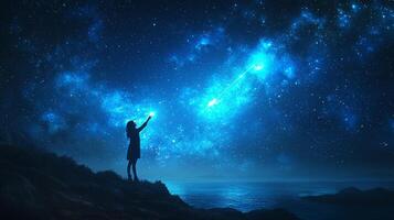 On serene hilltop young woman bright expression reaches up dazzling shooting star. deep blue sky sprinkled twinkling stars evokes sense of wonder and magic photo