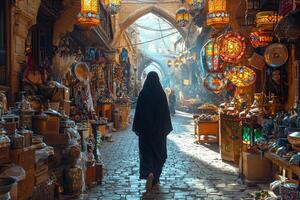 Muslim woman dressed in flowing black abaya strolls through vibrant historic marketplace adorned colorful decorations photo