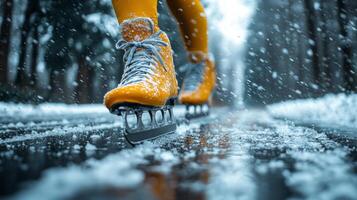 In intense moment of competition short track speed skaters showcase their agility and speed leaning sharply into curve their fingertips just above ice sending up sprays of frozen water photo