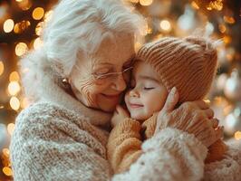 grandmother lovingly holds her granddaughter's face both smiling heartily. Soft lights illuminate their joyous expressions during Eid al Fitr celebration filled love and unity photo
