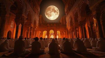 In historic mosque during Ramadan group gathers for Taraweeh prayers illuminated soft glow of moonlight through arches creating tranquil atmosphere photo