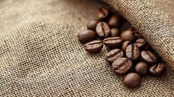 handcrafted geolocation pin made of roasted coffee beans rests on textured burlap fabric reflecting earthy tones and artisanal coffee concept. Scattered coffee elements enhance organic photo