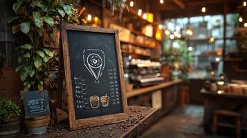 chic chalkboard menu stands out in cozy cafe featuring hand drawn designs and highlighting best espresso and latte. Warm lighting adds inviting atmosphere photo