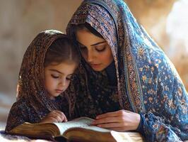Muslim mother is guiding her daughter in reciting Quran their fingers gently tracing Arabic script. Soft natural light illuminates serene and intimate bonding moment photo