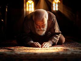 elderly Muslim man is humbly kneeling on beautifully patterned prayer rug his forehead resting on ground in Sujood. Golden light streams in from windows creating serene atmosphere photo