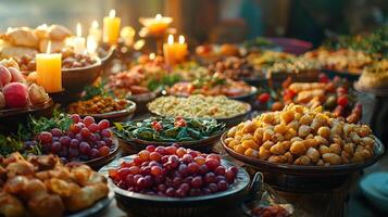 vibrant Ramadan Iftar table showcases traditional dishes like lentil soup stuffed grape leaves and dates all aglow in candlelight inviting family gather and celebrate photo