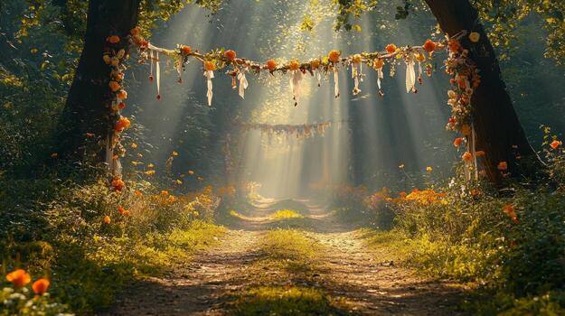 gathering takes place in serene grove where pagans perform rituals. Colorful decorations hang from trees while sunlight filters through creating magical atmosphere photo