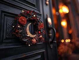 beautifully crafted Ramadan wreath features dried flowers golden crescent moons and enchanting fairy lights adding festive charm dark wooden door for holiday season photo