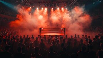 boxing night unfolds in dimly lit venue where boxing ring glows spotlights amidst swirling smoke captivating engaged audience photo