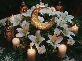 Exquisite centerpiece arranged for Eid al Fitr celebration showcases golden crescent moon ornament surrounded candles and fresh white lilies creating warm festive atmosphere photo