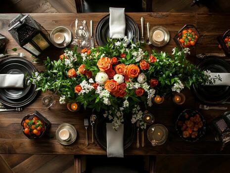 Fresh jasmine and roses create stunning centerpiece in golden vase surrounded candles and lanterns. elegant setup enhances festive atmosphere for Eid al Fitr photo