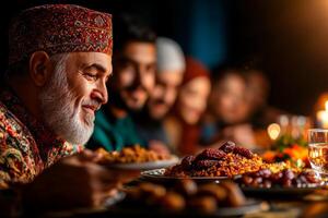 group of friends gathers in mosque break their fast together during Eid al Fitr. They enjoy dates and various dishes while sharing joyful laughter before evening prayer photo
