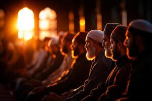 group of young Muslim men sit cross legged in mosque sharing thoughts on religious teachings after prayer. warm lighting creates calm and inviting atmosphere photo