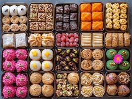 exquisite arrangement of festive Eid desserts showcasing Turkish delight maamoul baklava and chocolate dipped dates photo