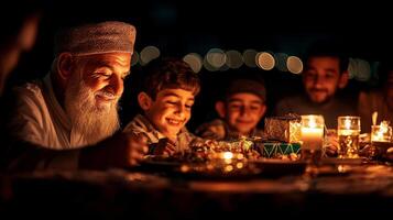 joyful Muslim family gathers around beautifully set table for Eid al Fitr sharing gifts wrapped in gold and green illuminated soft candlelight as they enjoy their time together photo