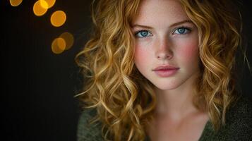 curly blonde haired girl gazes directly into camera her captivating blue eyes illuminated. Soft golden curls frame her face beautifully enhancing her radiant presence photo