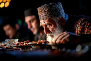 group of friends shares moment of joy as they break their fast in mosque enjoying dates and water before evening prayer during Eid al Fitr celebration photo