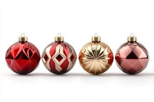 Four festive Christmas ornaments featuring elegant designs in red and gold hues. photo