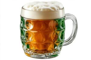 A frothy mug of golden beer with a decorative green glass base, perfect for a celebration. photo