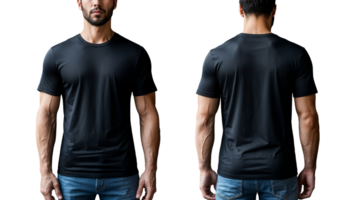 Modern black tshirt mockup with male model front and back view in studio for brand presentation png