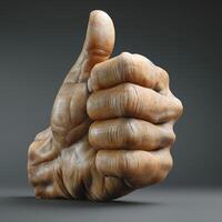 A close-up of a massive, muscular human hand giving a thumbs-up gesture, symbolizing approval and positivity. photo