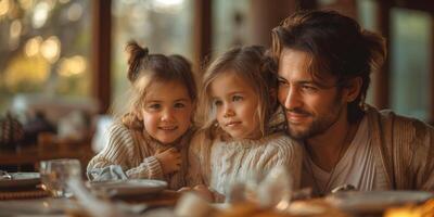 A joyful father with his two young daughters, all smiling warmly, surrounded by a cozy family setting. photo