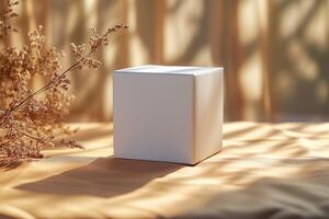 A minimalistic white cube on a textured surface, surrounded by delicate dried flowers and soft golden light. photo