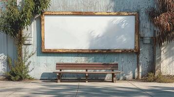 A weathered wooden bench sits in front of a blank billboard against a vintage blue wall, evoking a sense of nostalgia. photo