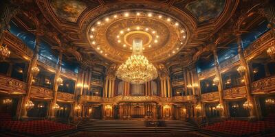 A magnificent view of an ornate theater interior featuring a grand chandelier and intricate gold detailing. photo