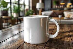 A clean white coffee mug sits on a wooden table, surrounded by a cozy, well-lit living room atmosphere. photo
