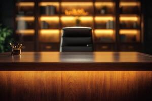 A modern, elegant office desk with warm lighting creating a cozy atmosphere, perfect for productivity and focus. photo