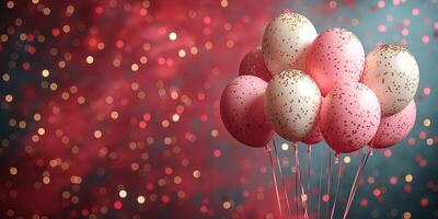 A vibrant cluster of pink and gold confetti balloons against a festive bokeh background, creating a joyful and celebratory atmosphere. photo