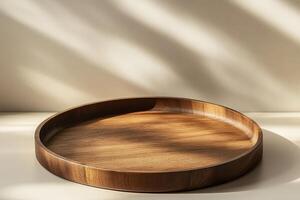 A beautifully crafted wooden tray with soft shadows casting over its surface, showcasing its rich grain and natural warmth. photo