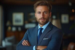 Confident young Caucasian man in a tailored suit poses professionally with a serious expression. photo