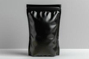A sleek, matte black packaging bag sits elegantly on a white surface, exuding modern minimalism. photo