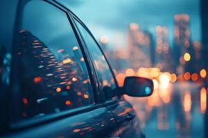 A sleek black car parked under the glow of city lights, creating a mesmerizing reflection on a rainy evening. photo