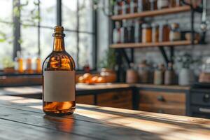 A rustic amber bottle with a blank label stands on a wooden table, surrounded by natural light and a cozy kitchen setting. photo