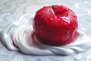A vibrant red apple glistens atop a smooth, white liquid surface, evoking freshness and indulgence. photo