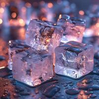 Close-up of clear ice cubes with droplets, illuminated by soft colorful lights. photo