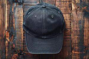 A close-up view of a worn black baseball cap on a rustic wooden surface. photo