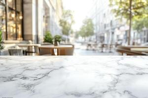 A close-up view of a marble tabletop in a bright outdoor cafe setting, with blurred background of trees and patrons. photo